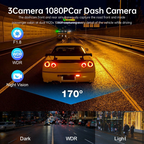 Car Dual Lens Dash Cam HD 1080P Front/Rear/Inside Video Recorder Camera G-Sensor
