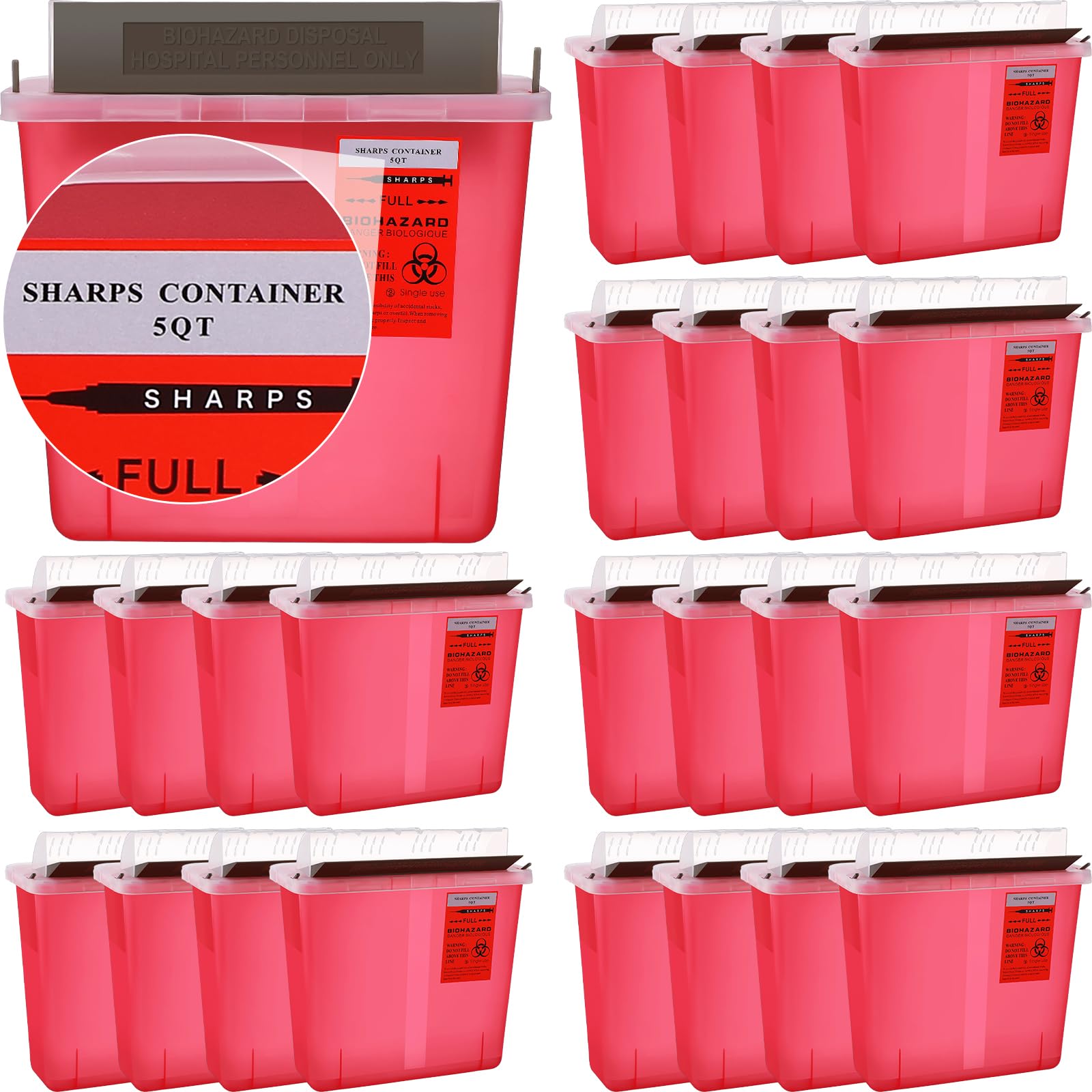 Tanlade 24 Pcs 5 Quart Sharps Container Plastic Touchless Disposal Box with Counter Balance Lid Wall Mounted Sharps Container Trash Bin for Home Office Waste