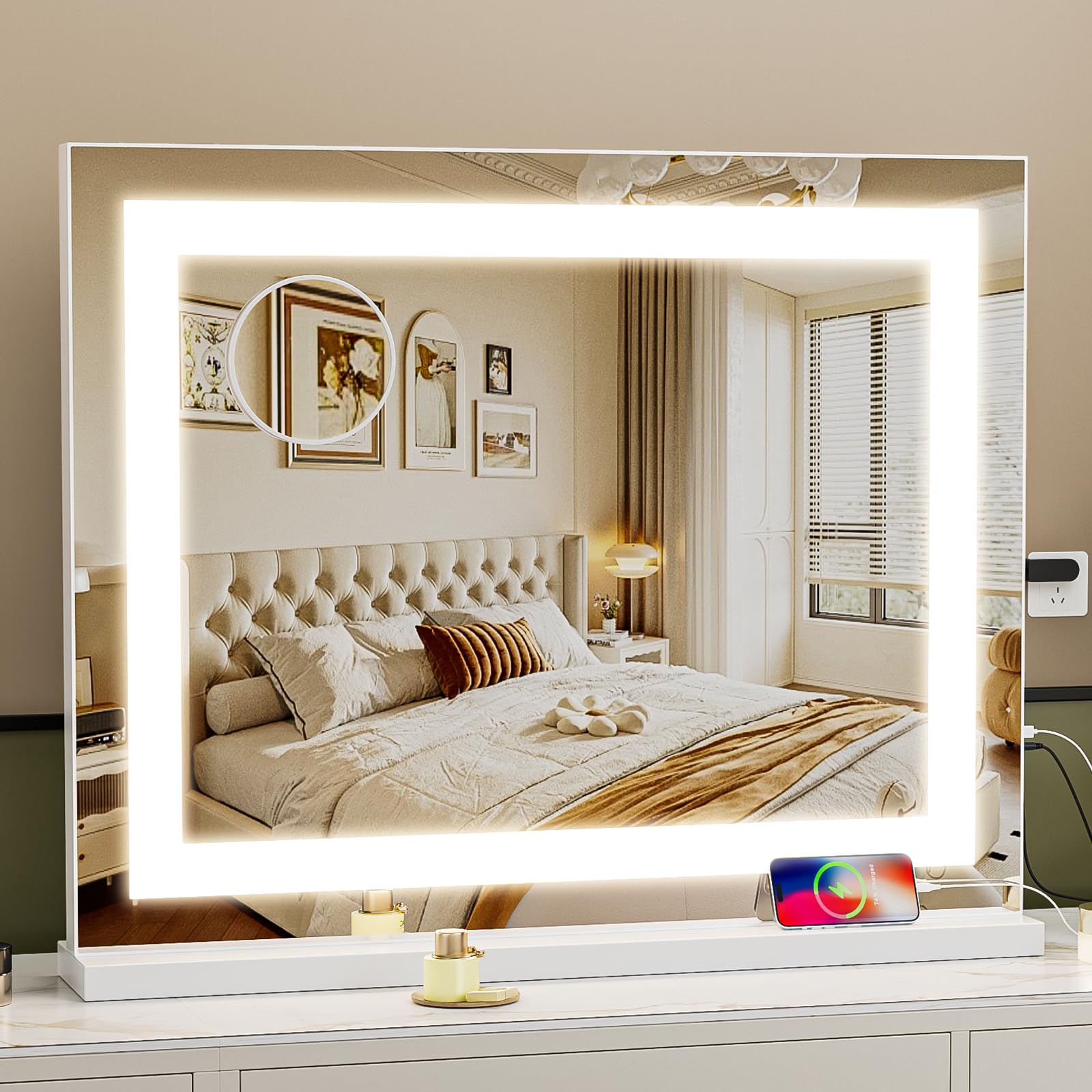 Fenair Vanity Mirror with Lights 22.8’ * 18.1’ LED Makeup Mirror Light Strip Dimmable 3 Color Modes Light up Mirror with USB Charging Port 10X Magnification and Smart Touch White